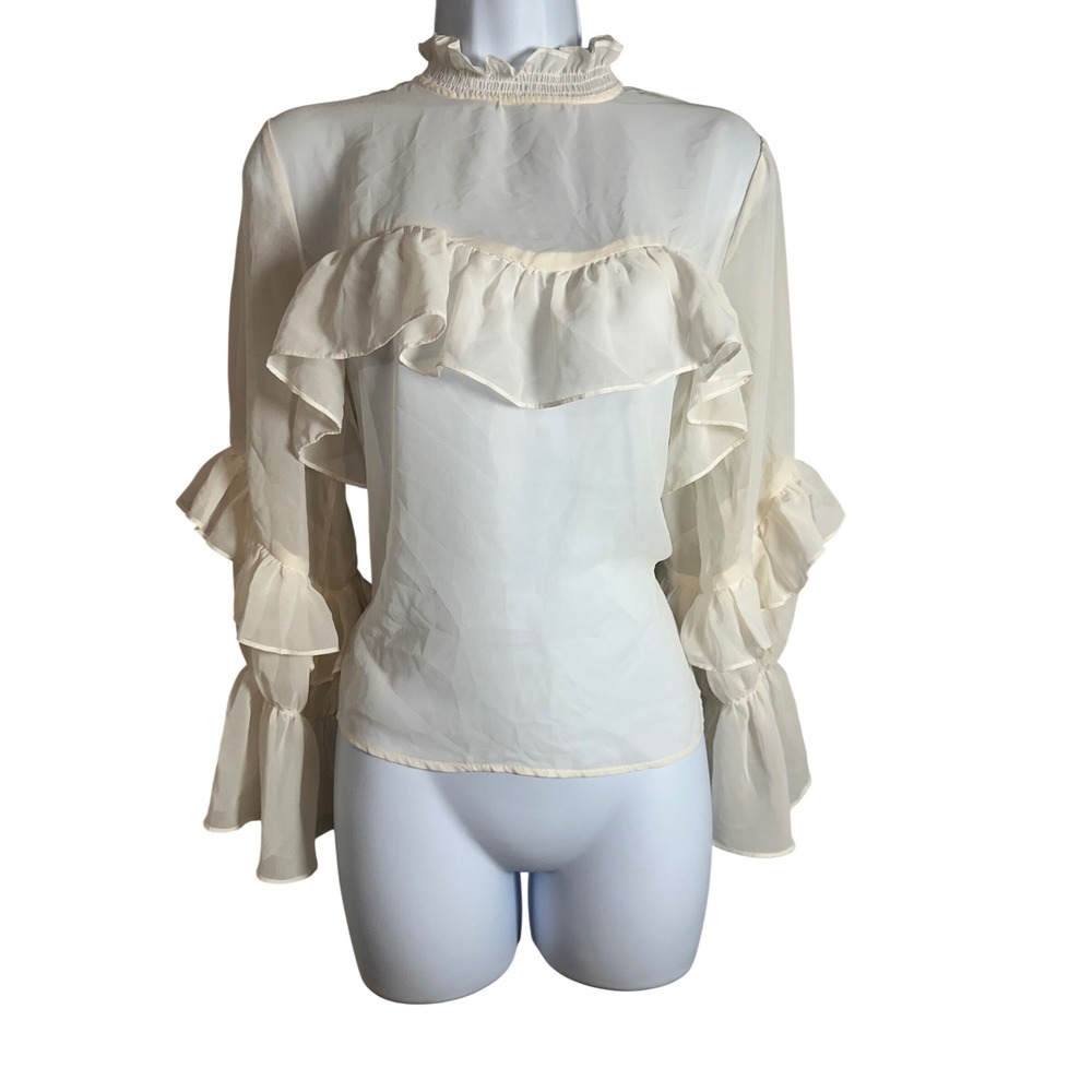Zara Cream Sheer Ruffle High Neck Victorian Romantic Blouse XS